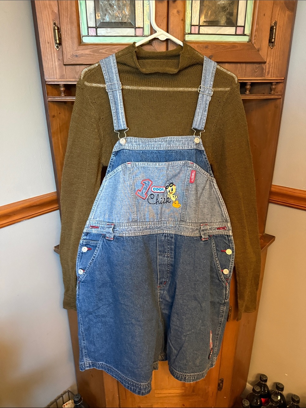 Denim Short Overalls in Blue with Embroidered Patch